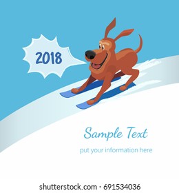 Happy funny dog running on ski. Cartoon cute skiing shocked dog. Surprised animal in pop art retro style. New year card template with 2018 bubble. Place for text. Vector vintage illustration concept