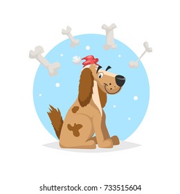 Happy funny dog wearing Santa's hat with lot of bones. Chinese 2018 new year symbol. Best for seasonal party posters and banners. Cartoon vector illustration.