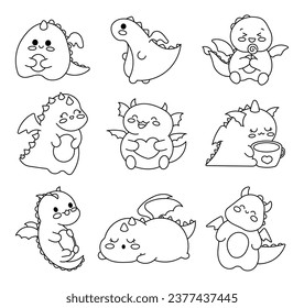 Happy funny dragon. Coloring Page. Cute character. Fairytale monsters. Hand drawn style. Vector drawing. Collection of design elements.