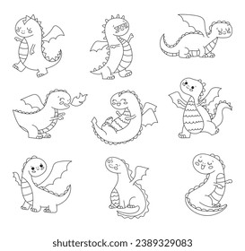 Happy funny dragon. Coloring Page. Cute character. Fairytale monsters. Hand drawn style. Vector drawing. Collection of design elements.