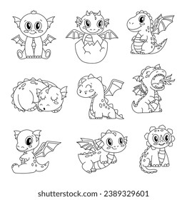 Happy funny dragon. Coloring Page. Cute character. Fairytale monsters. Hand drawn style. Vector drawing. Collection of design elements.