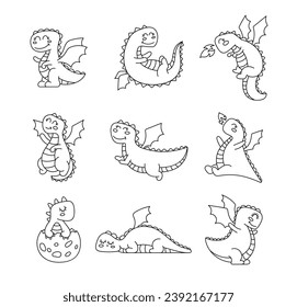 Happy funny dragon. Coloring Page. Cute character. Fairytale monsters. Hand drawn style. Vector drawing. Collection of design elements.