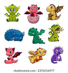 Happy funny dragon. Cute character. Fairytale monsters. Hand drawn style. Vector drawing.