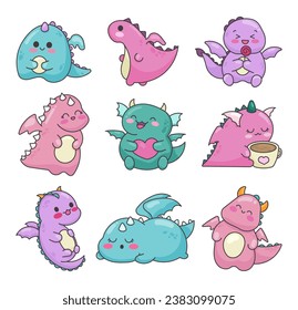 Happy funny dragon. Cute character. Fairytale monsters. Hand drawn style. Vector drawing. Collection of design elements.