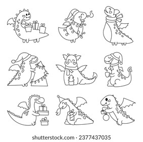 Happy funny dragon. Happy New Year. Coloring Page. Cute character. Fairytale monsters. Hand drawn style. Vector drawing. Collection of design elements.