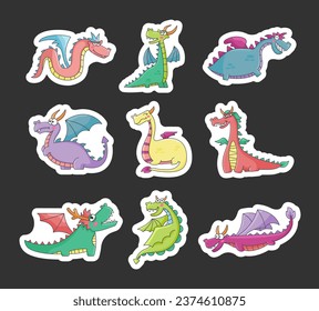 Happy funny dragon. Sticker Bookmark. Cute character. Fairytale monsters. Hand drawn style. Vector drawing. Collection of design elements.