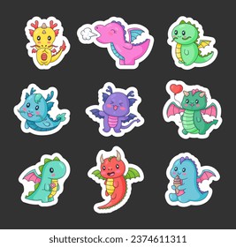 Happy funny dragon. Sticker Bookmark. Cute character. Fairytale monsters. Hand drawn style. Vector drawing. Collection of design elements.