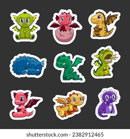 Happy funny dragon. Sticker Bookmark. Cute character. Fairytale monsters. Hand drawn style. Vector drawing. Collection of design elements.