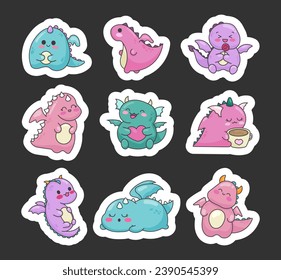 Happy funny dragon. Sticker Bookmark. Cute character. Fairytale monsters. Hand drawn style. Vector drawing. Collection of design elements.