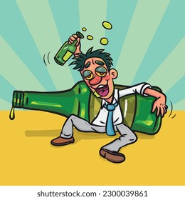 Happy Funny Drunk Man With Big Bottle Liquors. vector stock illustration. 