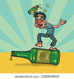 Happy Funny Drunk Man With Big Bottle Liquors. vector stock illustration. 