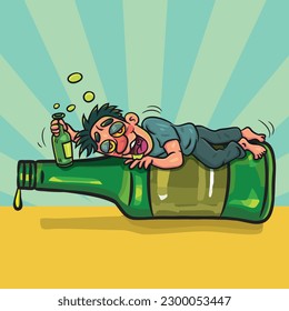 Happy Funny Drunk Man With Big Bottle Liquors. vector stock illustration. 