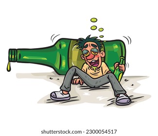 Happy Funny Drunk Man With Big Bottle Liquors. vector stock illustration. 