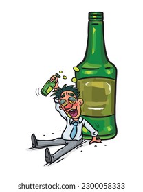 Happy Funny Drunk Man With Big Bottle Liquors. vector stock illustration. 