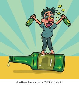 Happy Funny Drunk Man With Big Bottle Liquors. vector stock illustration. 