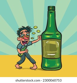 Happy Funny Drunk Man With Big Bottle Liquors. vector stock illustration. 