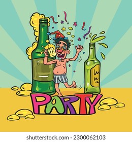 Happy Funny Drunk Man With Big Bottle Liquors. vector stock illustration. 