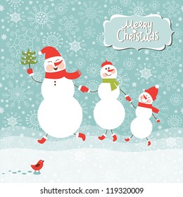 Happy funny Family of three snowmen, greeting Christmas card. Merry Christmas lettering