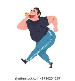 Happy Funny Fat Man Eating Hotdog, Obese Guy Enjoying of Fast Food Dish while Walking, Unhealthy Diet and Lifestyle Vector Illustration