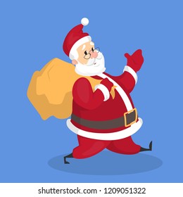 Happy funny fat Santa Claus in red clothes holding bag with gifts. Winter holiday and christmas celebration. Flat vector illustration