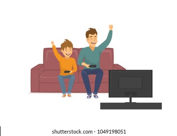 happy funny father and son playing video games on tv, sitting on sofa at home, fathers day fun isolated vector illustration scene