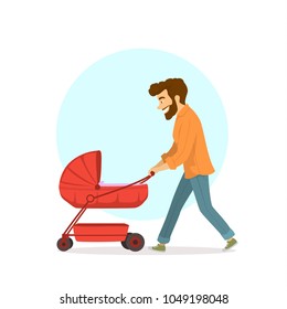 happy funny father walking with newborn child in a pram fun cute isolated vector illustration scene