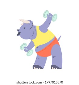 Happy funny fitness rhino is doing exercises with dumbbells. Cute character isolated on white. Flat Art Vector Illustration