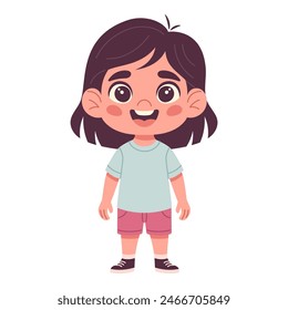 Happy funny girl full length standing, hand-drawn, flat vector illustration. Children character in cartoon style for card design, decor, print and kids collection