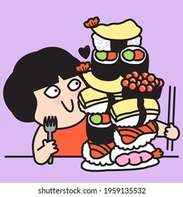 Happy Funny Girl With A Stack Of Delicious Sushi Rolls With Different Fillings Concept Card Character illustration