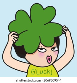Happy Funny Girl's Hand Holding A Four Leaf Green Lucky Clover Over Her Head Concept Card Character illustration