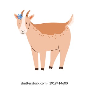 Happy funny goat isolated on white background. Cute sheep flower on head. Smiling baby animal. Childish colored flat cartoon vector illustration