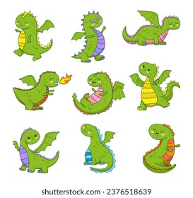 Happy funny green dragon. Cute character. Fairytale monsters. Hand drawn style. Vector drawing. Collection of design elements.