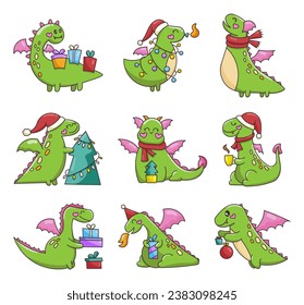 Happy funny green dragon. Happy New Year. Cute character. Fairytale monsters. Hand drawn style. Vector drawing. Collection of design elements.