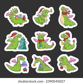 Happy funny green dragon. Happy New Year. Sticker Bookmark. Cute character. Fairytale monsters. Hand drawn style. Vector drawing. Collection of design elements.