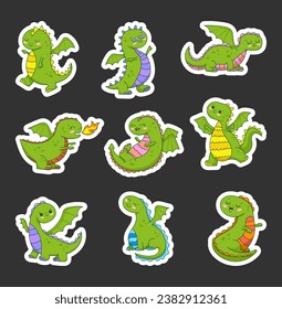 Happy funny green dragon. Sticker Bookmark. Cute character. Fairytale monsters. Hand drawn style. Vector drawing. Collection of design elements.