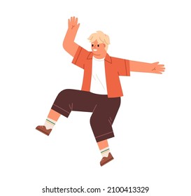 Happy funny kid jumping. Cute energetic child in motion. Smiling joyful boy rejoicing with excited expression and positive emotions. Flat vector illustration isolated on white background