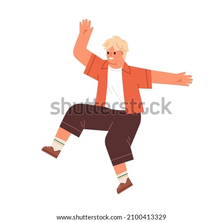 Happy funny kid jumping. Cute energetic child in motion. Smiling joyful boy rejoicing with excited expression and positive emotions. Flat vector illustration isolated on white background