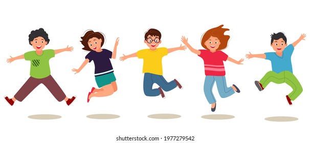 Happy funny kids are playing and jumping. Schoolchildren are having fun in the fresh air. Vector funny characters isolate on white. Illustration of characters boys and girls, funny and happy