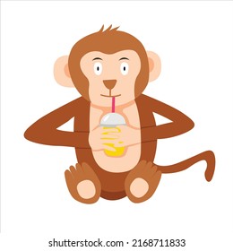 happy funny little monkey drinking banana smoothie smiling. logo mascot flat vector cartoon 