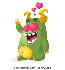 Happy funny little monster in love. Vector cartoon illustration of a green monster in love for St Valentines Day