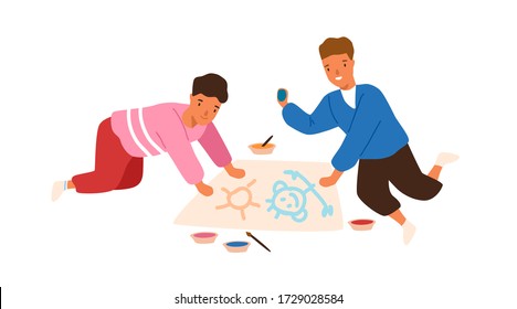 Happy funny male kid playing together painting picture on paper vector flat illustration. Smiling children drawing use colorful paint isolated on white background. Joyful boys create pictures