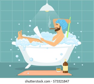 Happy funny man guy taking bath in bubble vintage bathtub, relaxing, reading newspaper, smoking cigar and drinking whiskey