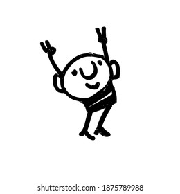 Happy funny man with his hands up. A hand-drawn cartoon character. Vector illustration