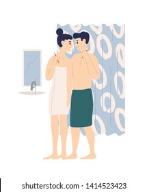 Happy funny man and woman brushing teeth. Boyfriend and girlfriend in bathroom together. Morning routine, daily hygienic procedure of cute young romantic couple. Flat cartoon vector illustration.