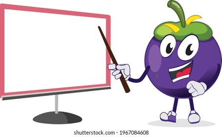 happy funny mangosteen character pointing on computer