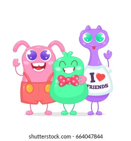 Happy and funny monster friends. Flat icon design. Vector illustration