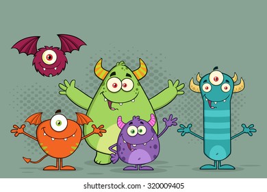 Happy Funny Monsters Cartoon Characters. Vector Illustration With Background