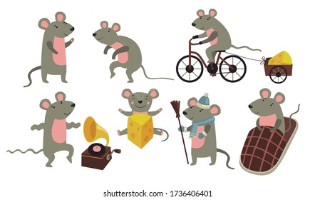 Happy Funny Mouse Set. Cartoon Rodent In Different Action, Riding Bike, Carrying Cheese, Dancing To Music, Cleaning Up. Vector Illustration For Mammals, Domestic Animal, Lifestyle Concept.