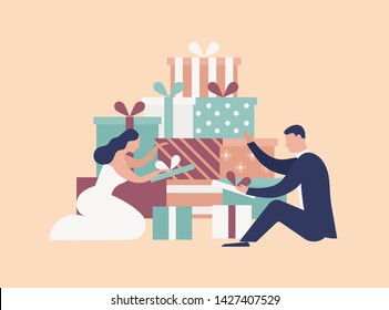 Happy funny newlywed couple open gift boxes after wedding ceremony or party. Adorable bride and groom and pile of presents isolated on light background. Flat cartoon colorful vector illustration.