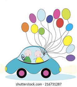 Happy funny people go to the blue car with colorful balloons. Vector Illustration 